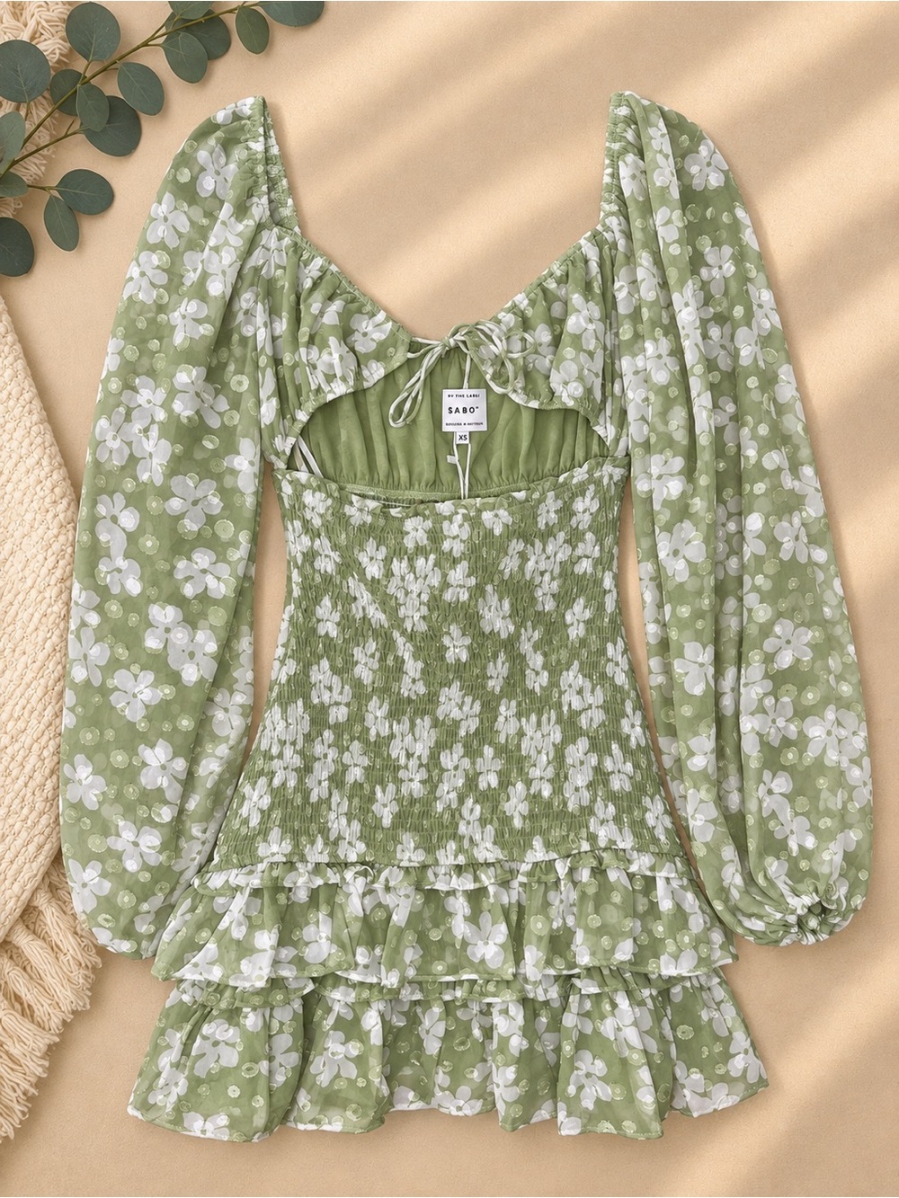 NWT Sabo Skirt Adele Cut Out Green Floral Puff-Sleeve Mini Dress